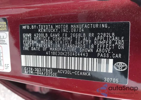 2005 Toyota Camry Le из США, поврежденный, VIN 4T1BE30K25U404443